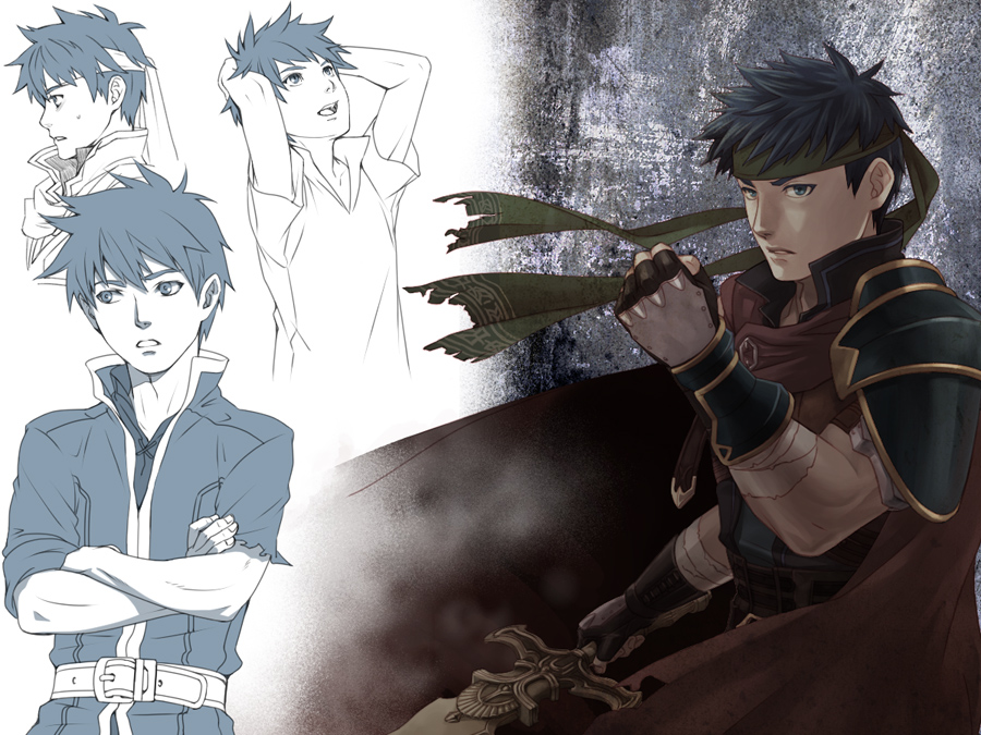 1boy blue_eyes blue_hair cape fire_emblem fire_emblem:_path_of_radiance gloves headband ike_(fire_emblem) kobashi_(hodohodo) male_focus multiple_views nintendo short_hair