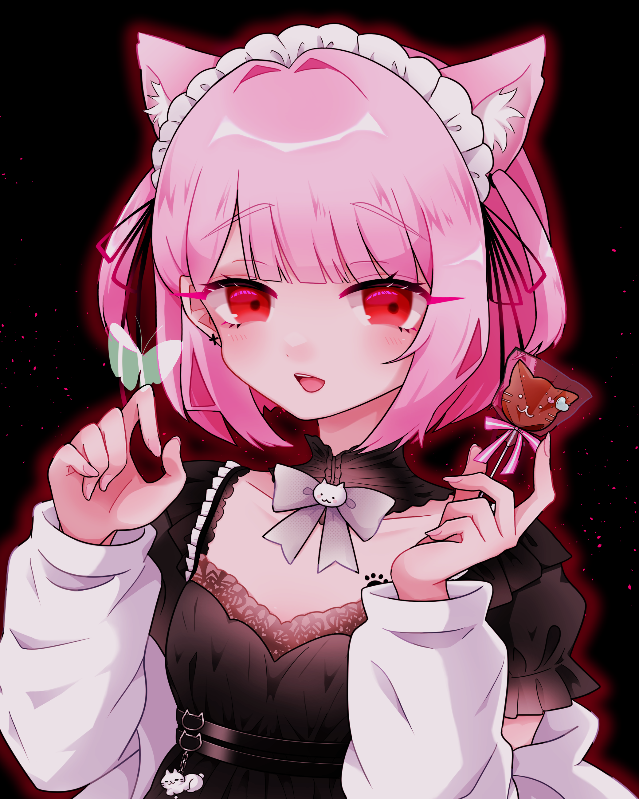 1girl absurdres animal_ears belt black_background black_belt black_choker black_dress black_ribbon blush bow bowtie bug butterfly candy cat_charm cat_ears cat_girl cat_ornament charm_(object) chest_tattoo chocolate choker collarbone commentary cross cross_earrings dress earrings extra_ears fingernails food green_butterfly highres holding holding_candy holding_food holding_lollipop indie_virtual_youtuber insect jacket jewelry lollipop long_sleeves looking_at_viewer m_imi_mi maid_headdress medium_hair mikeneko_(vtuber) nail_polish open_mouth paw_tattoo pink_eyes pink_hair pink_nails pink_ribbon purple_bow purple_bowtie ribbon see-through_butterfly smile solo tattoo teeth two_side_up upper_teeth_only virtual_youtuber white_jacket wrapped_lollipop