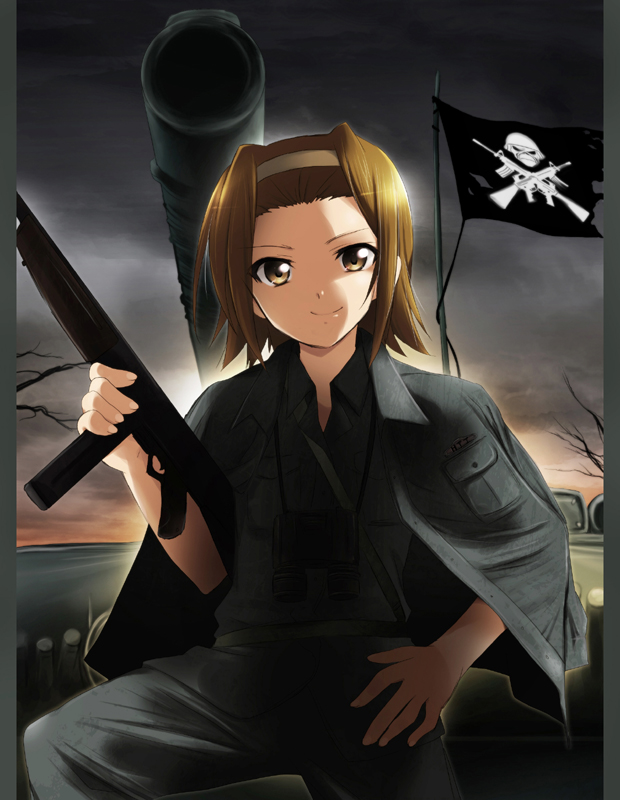 1girl aged_up backlighting brown_eyes brown_hair cannon eddie_the_head female_focus flag flag_on_vehicle gun hairband iron_maiden_(band) k-on! kaiga military military_uniform military_vehicle motor_vehicle parody short_hair solo tainaka_ritsu tank vehicle weapon