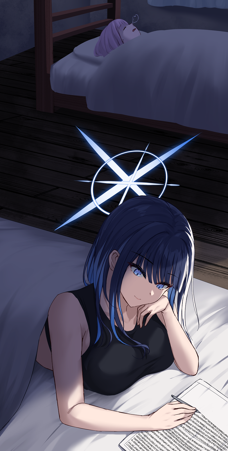 2girls bed black_shirt blue_archive blue_eyes blue_hair blue_halo breasts closed_eyes closed_mouth floor halo highres holding holding_pen large_breasts long_hair lying merxkialis mika_(blue_archive) multiple_girls nose_bubble on_back on_stomach open_mouth pen pillow pink_hair saori_(blue_archive) shirt sleeping sleeveless sleeveless_shirt smile writing
