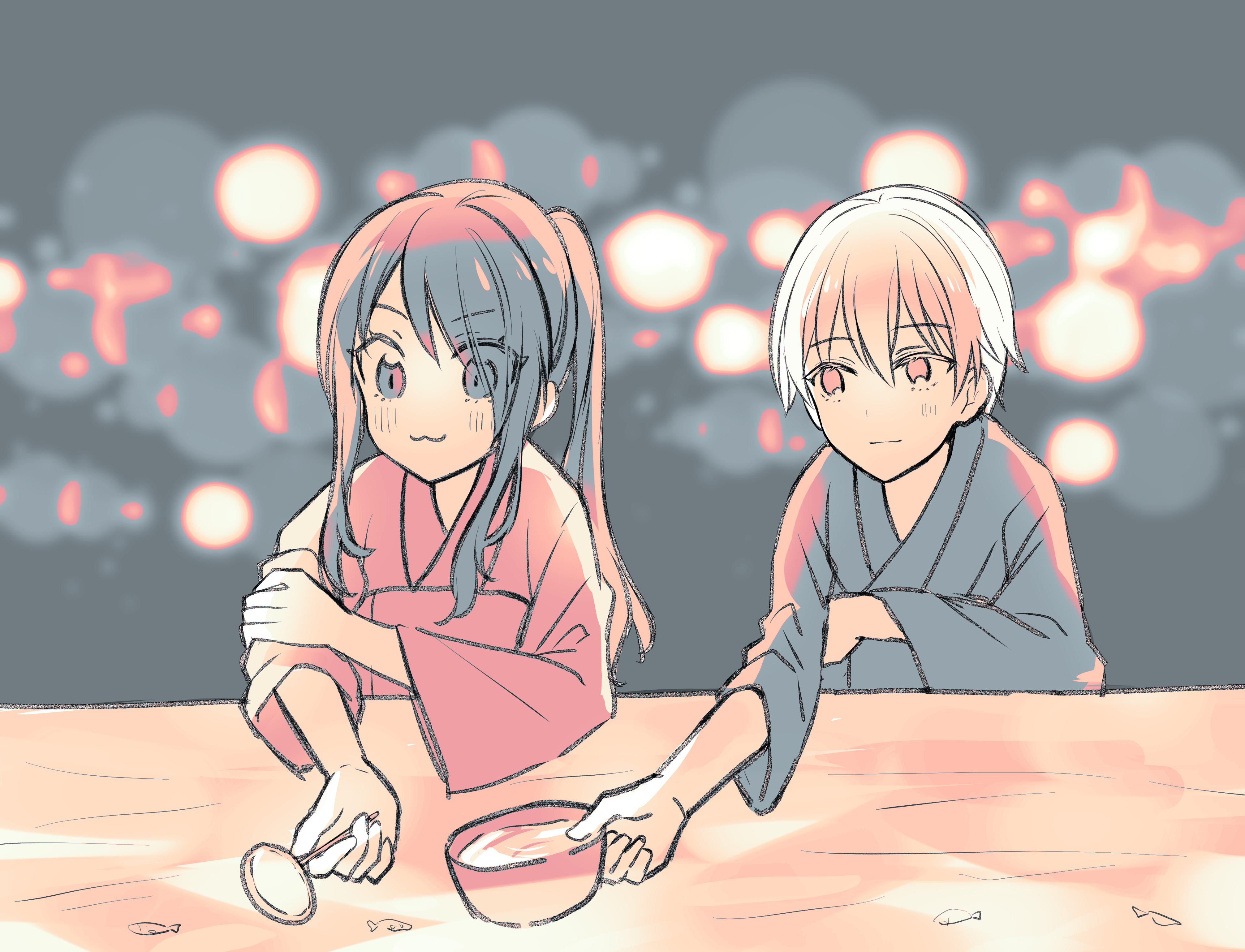 1boy 1girl :3 absurdres black_kimono blurry blurry_background blush bowl highres holding holding_bowl holding_spoon japanese_clothes kimono kobayashi_rindou long_hair long_sleeves multicolored_background pink_kimono ponytail shokugeki_no_souma smile spoon toy-black tsukasa_eishi