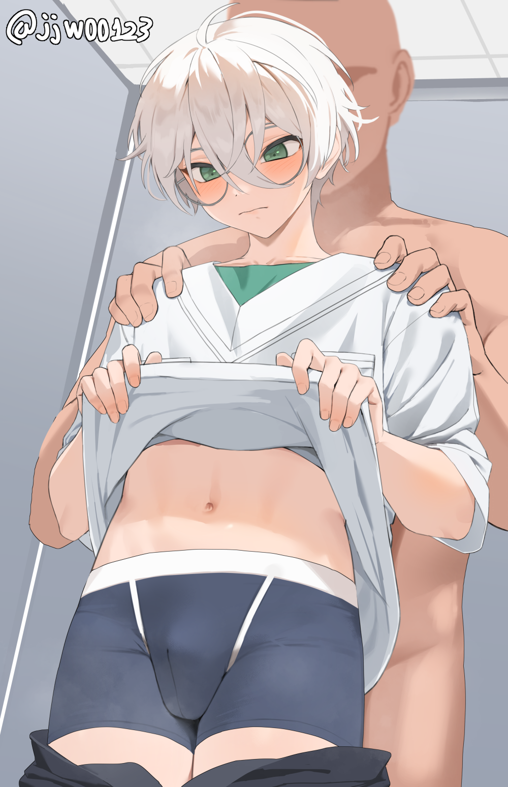 2boys blush bulge clothes_lift clothes_pull commentary cowboy_shot ensemble_stars! g1_(jjw00123) glasses green_eyes hair_between_eyes hands_on_another&#039;s_shoulders highres indoors light_frown male_focus male_underwear multiple_boys natsu_kanna navel pants pants_pull round_eyewear shirt shirt_lift short_hair standing steaming_body stomach underwear white_hair white_shirt yaoi