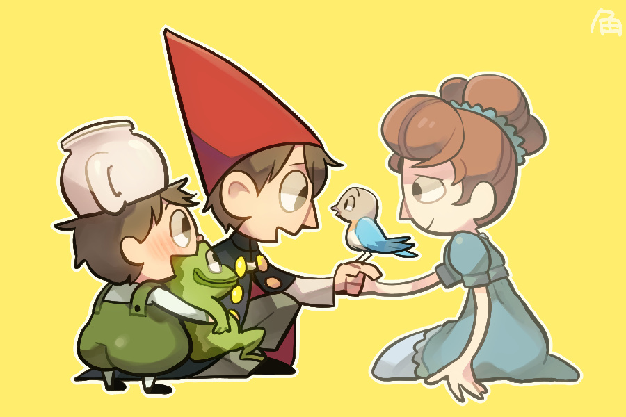 1girl 2boys beatrice_(over_the_garden_wall) bird brothers frog frog_(over_the_garden_wall) gregory_(over_the_garden_wall) half-siblings hat multiple_boys over_the_garden_wall overalls siblings simple_background sitting spoilers teapot tsunoji wirt_(over_the_garden_wall) yellow_background