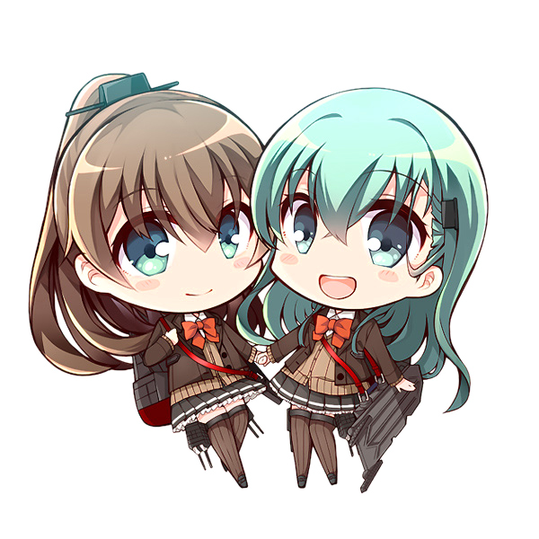2girls blazer bow bowtie brown_cardigan brown_hair brown_jacket brown_skirt brown_thighhighs cardigan chibi full_body green_eyes green_hair hair_ornament hairclip jacket kantai_collection kumano_(kancolle) kumano_kai_ni_(kancolle) long_hair looking_at_viewer machinery multiple_girls pleated_skirt ponytail red_bow red_bowtie school_uniform simple_background skirt standing suzuya_(kancolle) suzuya_kai_ni_(kancolle) teramoto_kaoru thighhighs white_background