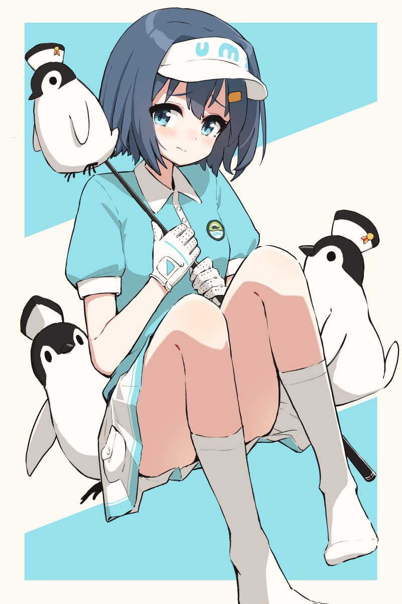 1girl aoba_minami bird blue_eyes blue_hair blue_shirt closed_mouth collared_shirt commentary_request gloves golf golf_club hair_between_eyes hair_ornament hairclip hat highres holding holding_golf_club mikuru_ism penguin pleated_skirt shirt short_hair sitting skirt socks sorairo_utility visor_cap white_gloves white_hat white_skirt white_socks