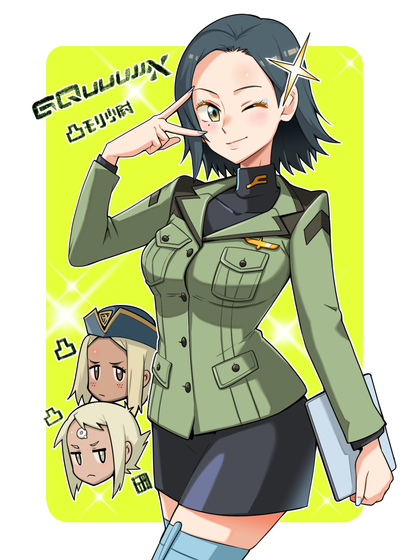 3girls black_hair black_skirt blue_hat bowieknife closed_mouth commentary_request comoli_harcourt copyright_name dark-skinned_female dark_skin flcl forehead freckles gundam gundam_gquuuuuux hat holding holding_tablet_pc jacket kitsurubami lal&#039;c_mellk_mal long_sleeves look-alike looking_at_viewer military_hat military_jacket military_uniform mole mole_under_eye multiple_girls one_eye_closed parted_bangs shirt short_hair skirt smile tablet_pc top_wo_nerae!_(series) top_wo_nerae_2! v v_over_eye white_hair yellow_eyes zeon