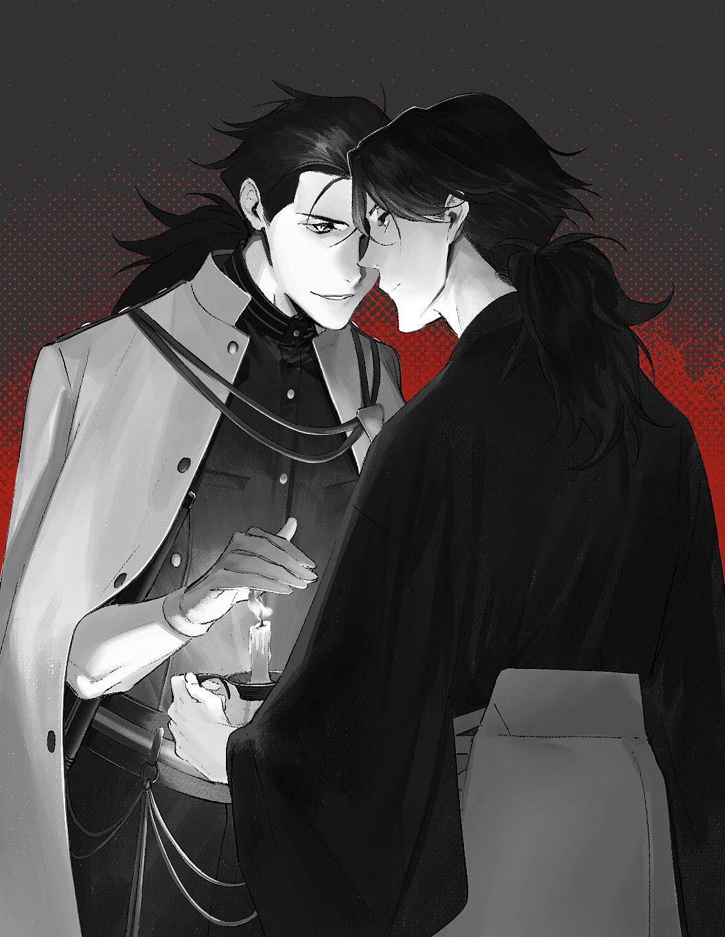 2boys back candle dual_persona face-to-face fate/grand_order fate_(series) grey_background greyscale_with_colored_background halftone halftone_background highres holding holding_candle jacket jacket_on_shoulders japanese_clothes kimono long_hair looking_at_another multiple_boys ponytail sakamoto_ryouma_(fate) smile upper_body ziege113