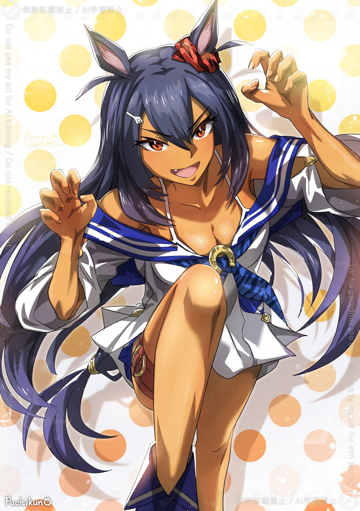 1girl animal_ears bandeau black_hair blue_bandeau breasts cleavage commentary_request cowboy_shot dark-skinned_female dark_skin ear_scrunchie hair_between_eyes hair_ornament hairclip highres hishi_amazon_(umamusume) horse_ears horse_girl horse_tail large_breasts long_hair open_mouth pleated_skirt puchikun red_eyes single_sleeve skirt smile solo standing tail twitter_username two-tone_bandeau umamusume white_bandeau white_skirt