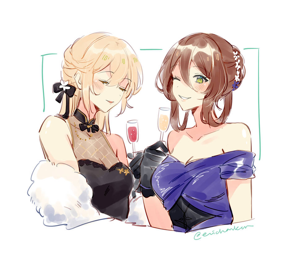 2girls black_dress black_gloves black_ribbon blonde_hair blue_dress blush brown_hair champagne_flute closed_eyes coll_(erichankun) commission cup dress drinking_glass girls&#039;_frontline gloves green_eyes hair_ribbon holding holding_cup long_hair looking_at_viewer multiple_girls off-shoulder_dress off_shoulder official_alternate_costume one_eye_closed open_mouth ots-14_(girls&#039;_frontline) ots-14_(sangria_succulent)_(girls&#039;_frontline) parted_lips ribbon second-party_source simple_background springfield_(girls&#039;_frontline) springfield_(queen_in_radiance)_(girls&#039;_frontline) upper_body