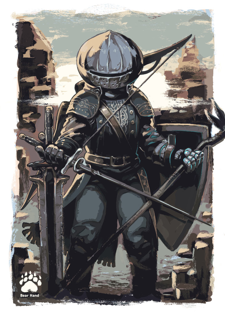 1other armor artist_logo belt blue_sky border bow_(weapon) breastplate brown_background buckle circle_name cloud commentary_request cosplay dagger dark_souls_(series) dark_souls_i day facing_viewer feet_out_of_frame gauntlets greatsword grey_pants helmet holding holding_staff holding_sword holding_weapon ireading knife logo multiple_weapons original outdoors pants rapier shield shoulder_armor siegmeyer_of_catarina siegmeyer_of_catarina_(cosplay) sky solo staff standing strap sword weapon white_border
