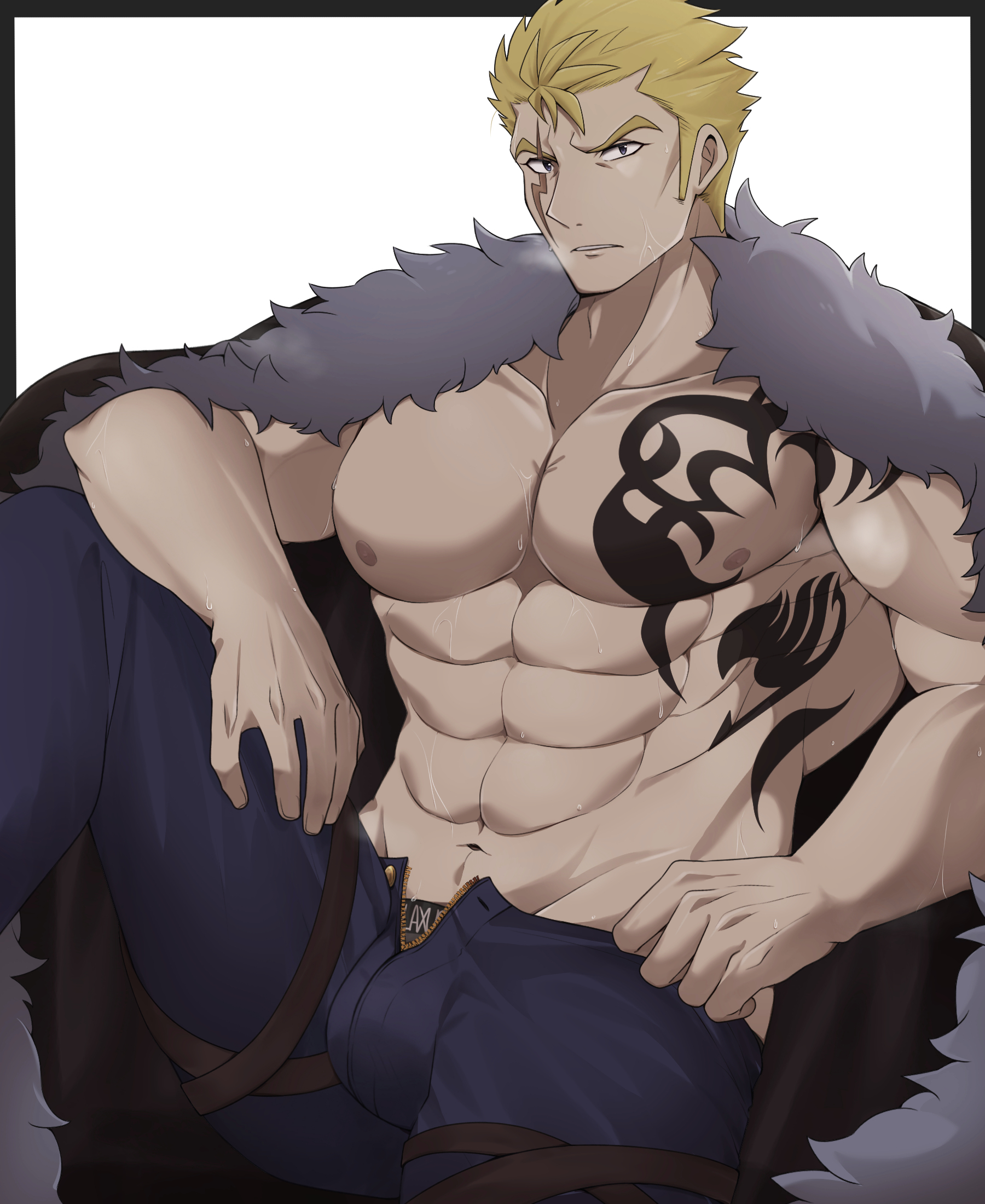 1boy abs bara belt blonde_hair cape chest_tattoo facial_mark fairy_tail fur-trimmed_cape fur_trim heavy_breathing highres large_pectorals laxus_dreyar male_focus male_underwear muscular muscular_male navel nipples pants pectorals saund_r_pupu2 short_hair sitting solo sweat sweatdrop tattoo thigh_belt thigh_strap unbuckled underwear