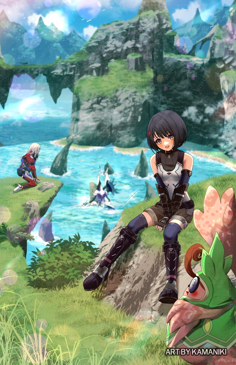 2girls :d arms_between_legs bare_shoulders black_hair blue_thighhighs blush boots breasts cliff cloud cloudy_sky coke-bottle_glasses day elbow_gloves elma_(xenoblade_x) fingerless_gloves full_body glasses gloves grass heavy_lens_flare highres in-universe_location kamaniki lens_flare lin_lee_koo long_hair multiple_girls nopon open_mouth outdoors plant robot sample_watermark scenery shirt short_hair shorts sitting sky sleeveless sleeveless_shirt small_breasts smile tatsu_(xenoblade_x) thighhighs watermark white_hair xenoblade_chronicles_(series) xenoblade_chronicles_x