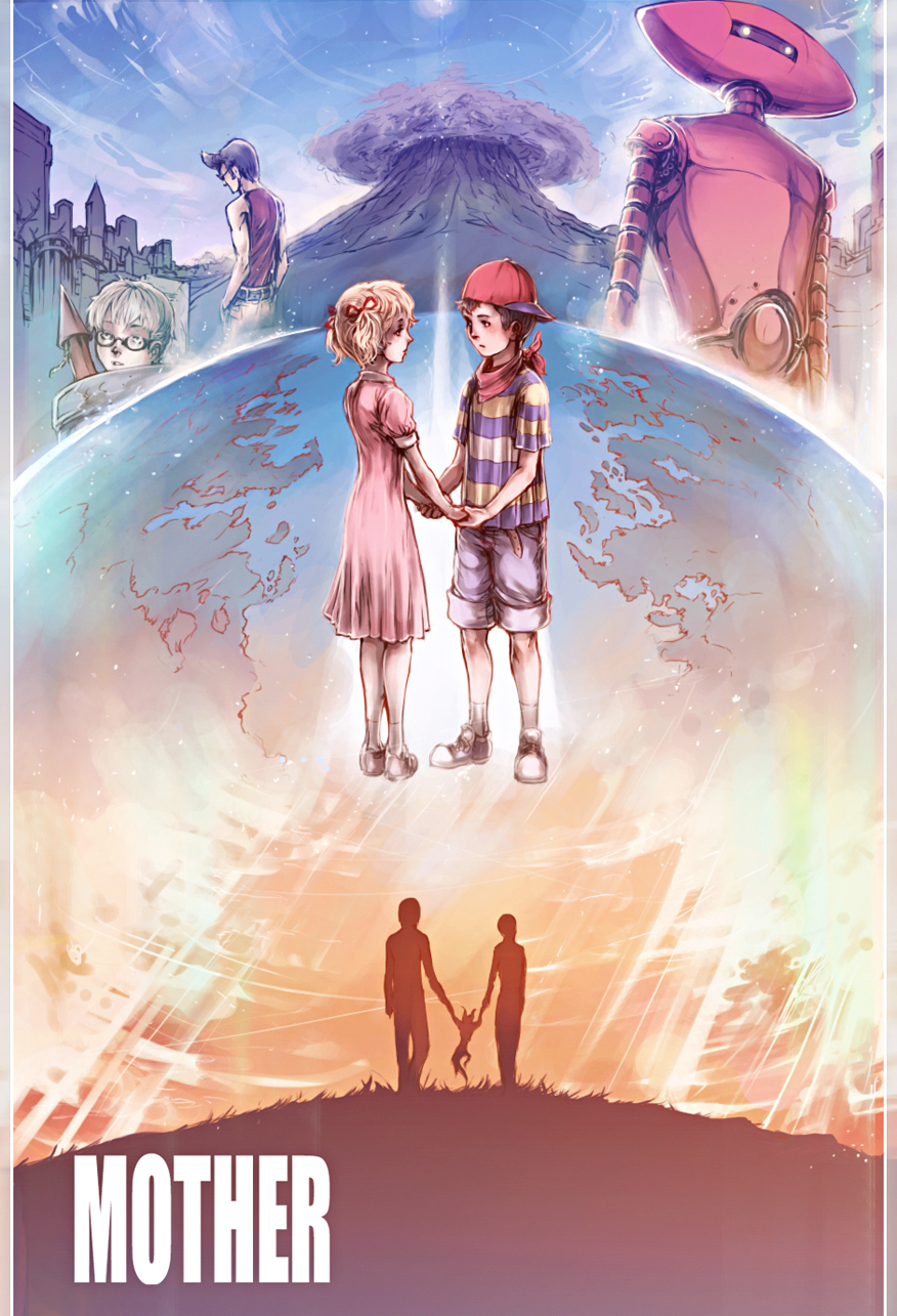2girls 4boys ana_(mother) bad_id bad_pixiv_id blonde_hair blouse brown_hair character_request copyright_name dress earth_(planet) eve_(mother) from_behind giygas glasses hat highres holding_hands kurkoboltsi lloyd_(mother) mother_(series) mother_1 multiple_boys multiple_girls ninten nintendo planet robot rocket shirt sky socks star_(sky) striped_clothes striped_shirt teddy_(mother) twintails