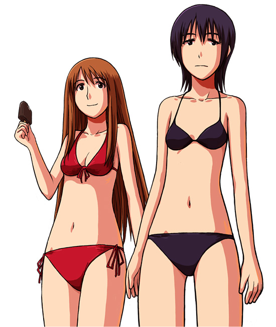 2girls ayase_asagi bikini black_bikini black_hair breasts cleavage collarbone cowboy_shot emoncake. flat_chest food holding holding_food ice_cream midriff multiple_girls navel popsicle red_bikini red_ribbon ribbon sad short_hair side-tie_bikini_bottom simple_background standing swimsuit torako_(yotsubato!) white_background yotsubato!