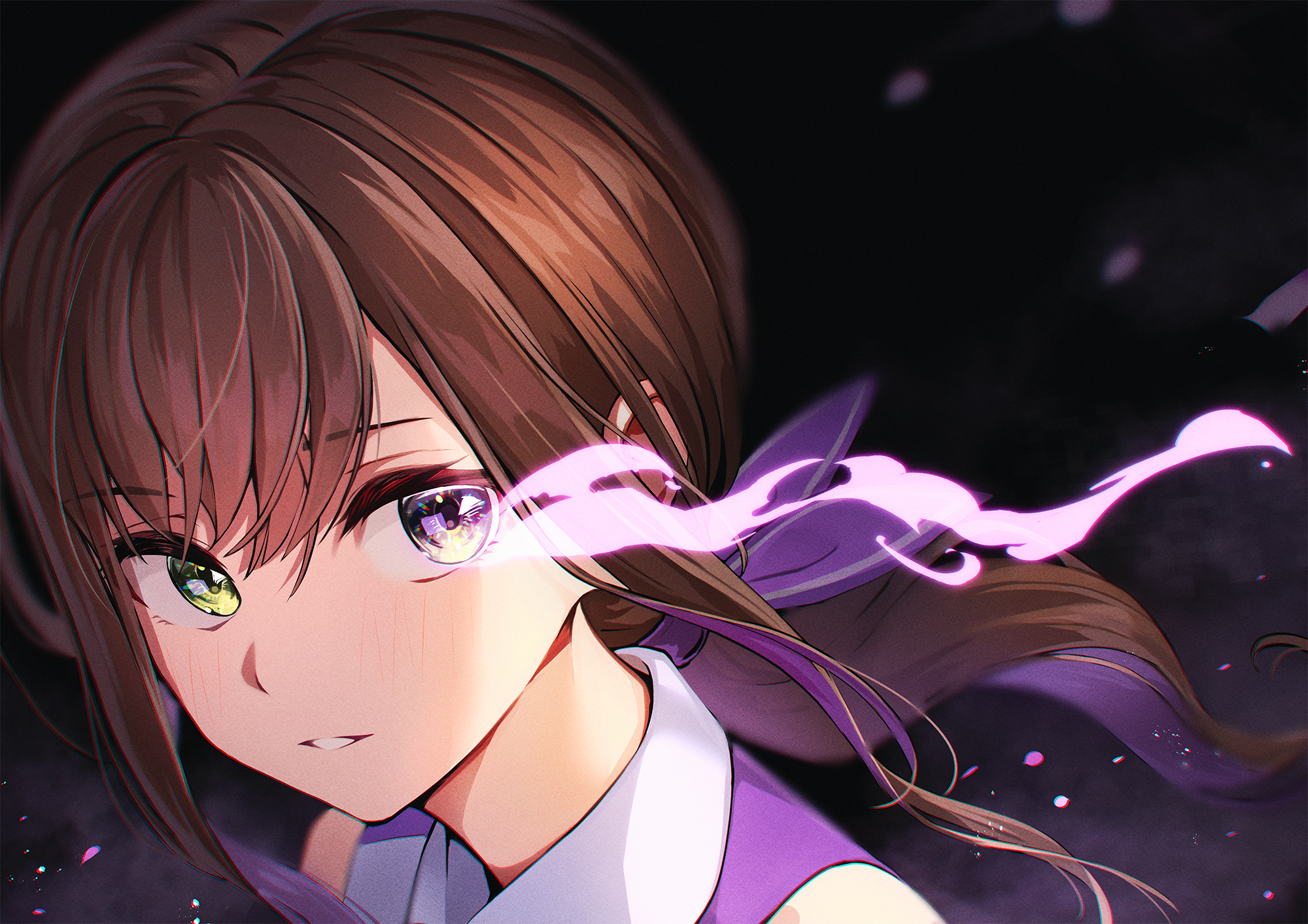 1girl brown_hair colored_inner_hair enogu eye_trail flaming_eye glowing glowing_eyes highres iwamotochou_geinousha kagawa_ichigo light_trail long_hair looking_at_viewer multicolored_hair natsume_haru official_art parted_lips ponytail portrait purple_theme solo virtual_youtuber