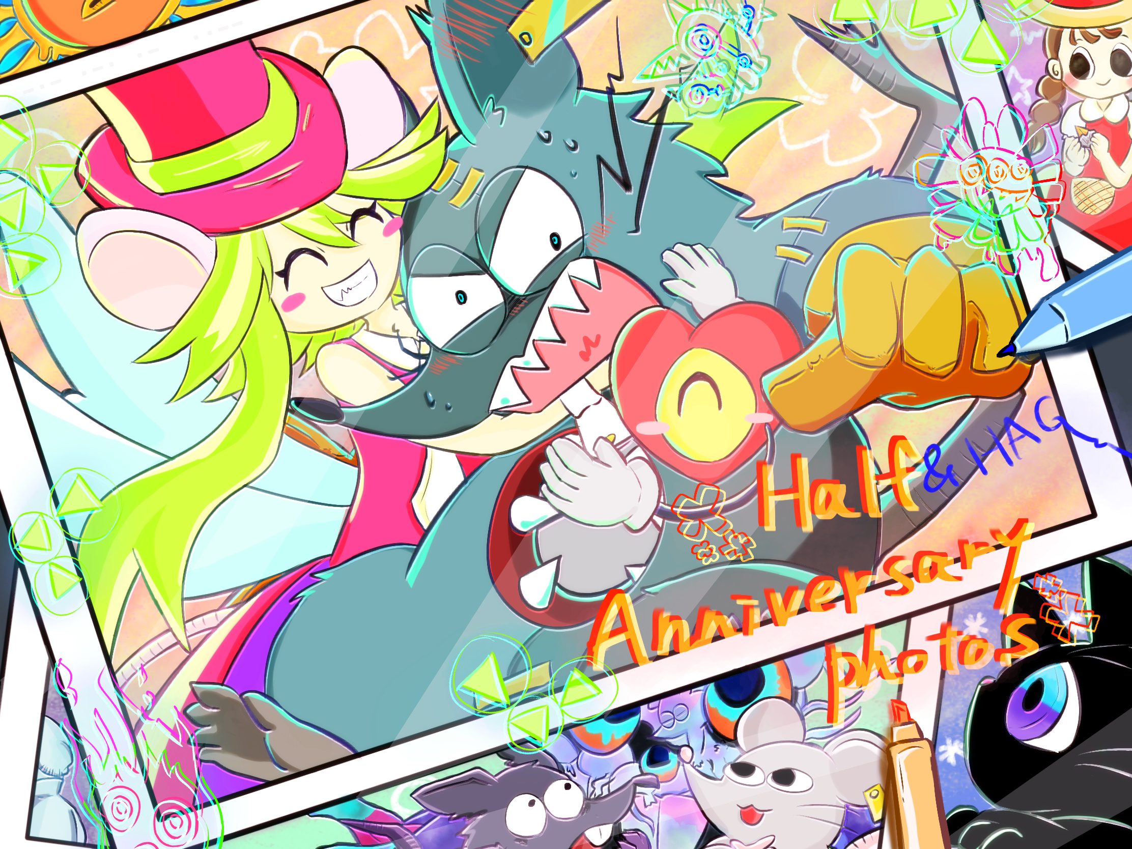 2boys 2girls animal_ears blush_stickers ghost_rat_(mad_rat_dead) green_hair hat heart_(mad_rat_dead) highres leotard mad_rat mad_rat_dead mimolette_(mad_rat_dead) mob_rat_(mad_rat_dead) mouse_(animal) mouse_ears mouse_girl mouse_tail multiple_boys multiple_girls nippon_ichi rat_god red_eyes stray_rat_(mad_rat_dead) sun_hat tail the_cat_(mad_rat_dead) the_girl_(mad_rat_dead) tie_clip top_hat wings wrist_cuffs