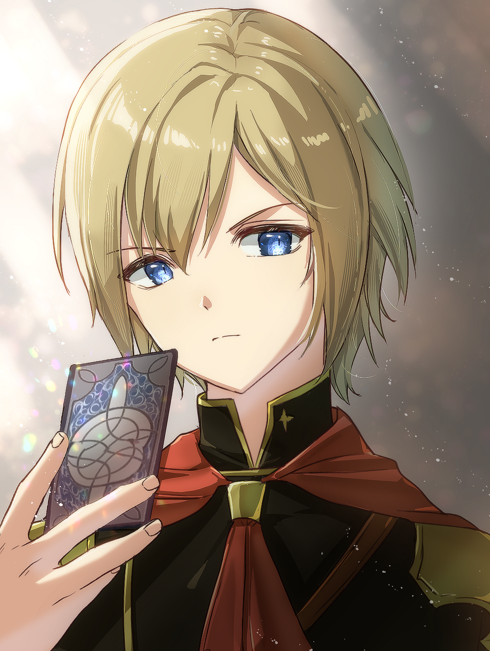 1boy ace_(fft-0) akademeia_uniform black_jacket blonde_hair blue_eyes cape card closed_mouth commentary final_fantasy final_fantasy_type-0 fingernails gold_trim highres holding holding_card jacket looking_at_viewer male_focus red_cape serious short_hair solo swept_bangs zer00han