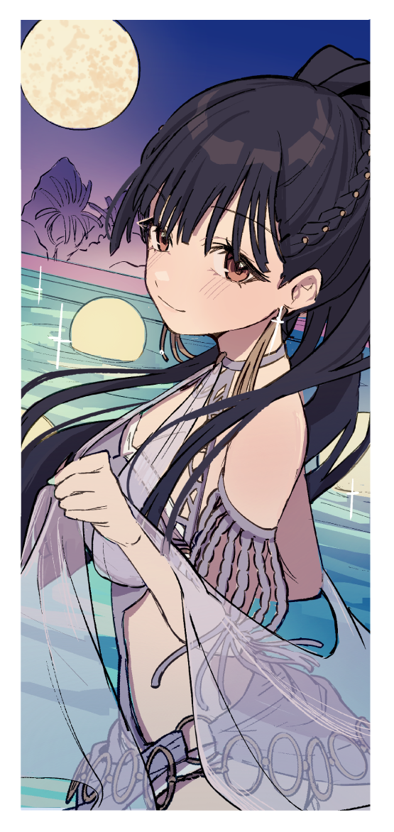 1girl bikini black_hair blush border breasts comiket_104 full_moon idolmaster idolmaster_shiny_colors light_smile long_hair looking_at_viewer mayuzumi_fuyuko medium_breasts moon ponytail pool purple_bikini solo swimsuit tanupon veil very_long_hair white_border