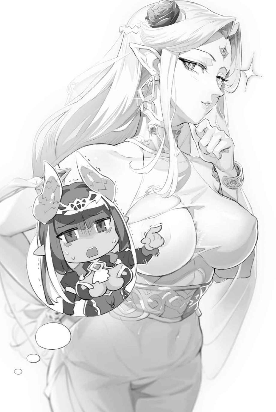 2girls breasts choker demon_girl demon_horns earrings highres horns jewelry long_hair medium_breasts multiple_girls official_art ookuma_nekosuke pointy_ears zangyaku_sugiru_isekai_demo_suzuki_wa_kawaii