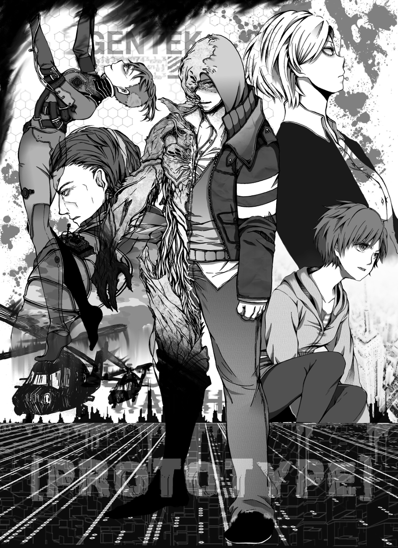 2boys 3girls aircraft alex_mercer animification blood blood_splatter copyright_name dana_mercer elizabeth_greene greyscale helicopter hood hoodie karen_parker mia_(spoon_fork) monochrome multiple_boys multiple_girls prototype_(game) robert_cross