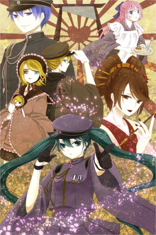 2boys 4girls bad_id bad_pixiv_id chiroron doll eyepatch gloves guillotine hat hatsune_miku kagamine_len kagamine_len_(ni_no_sakura_senbu) kagamine_rin kagamine_rin_(ni_no_sakura_kouchou) kaito_(rei_no_sakura_sousetsu)_(vocaloid) kaito_(vocaloid) kiseru medal megurine_luka megurine_luka_(san_no_sakura_fuuka) meiko_(rei_no_sakura_benitsubaki)_(vocaloid) meiko_(vocaloid) multiple_boys multiple_girls peaked_cap senbon-zakura_(vocaloid) smoking_pipe torii twintails vocaloid