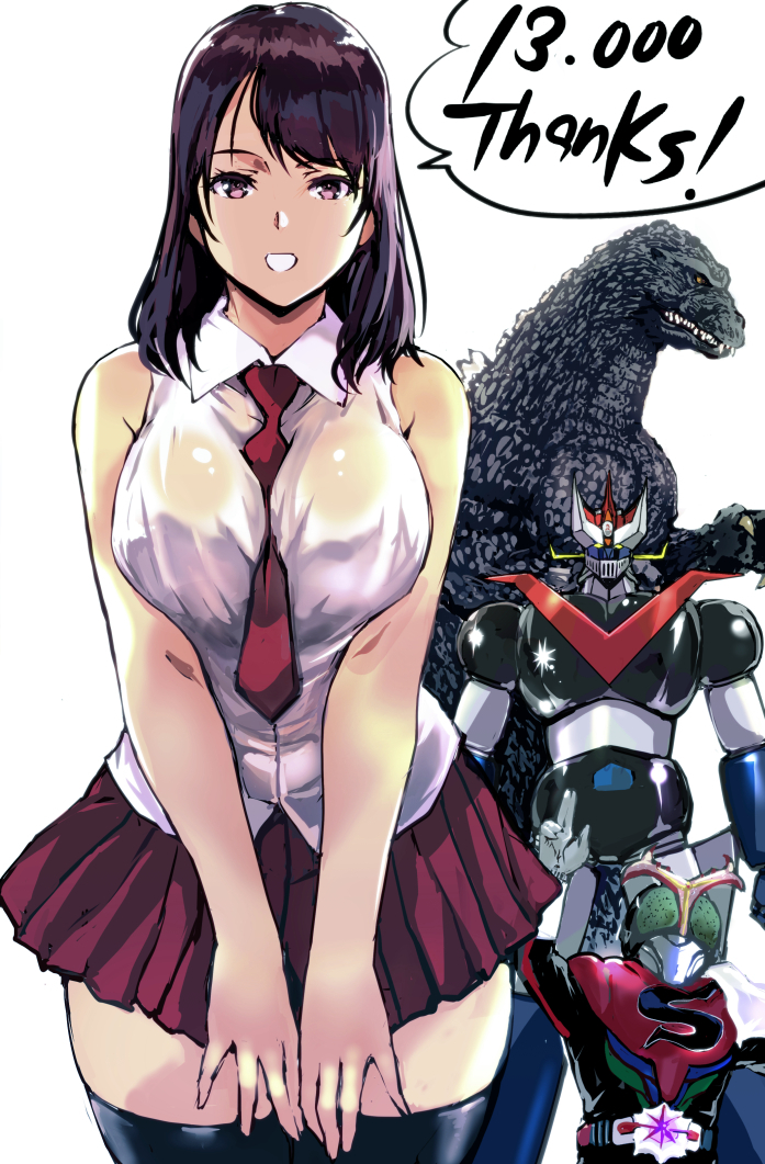1girl between_breasts black_thighhighs breasts brown_hair character_request commentary_request godzilla godzilla_(series) great_mazinger great_mazinger_(robot) kaiju kamen_rider kamen_rider_stronger kamen_rider_stronger_(series) kamisimo_90 large_breasts long_hair looking_at_viewer mazinger_(series) mecha monster necktie original pleated_skirt purple_eyes red_skirt robot shirt skirt speech_bubble standing thank_you thighhighs tokusatsu white_shirt