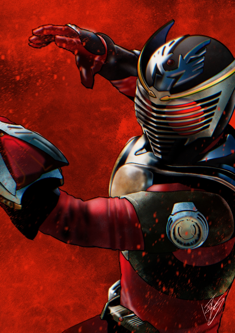 1boy armor armored_bodysuit breastplate commentary compound_eyes fighting_stance kamen_rider kamen_rider_ryuki kamen_rider_ryuki_(series) kouta_decade red_background red_eyes red_theme signature simple_background solo tokusatsu upper_body