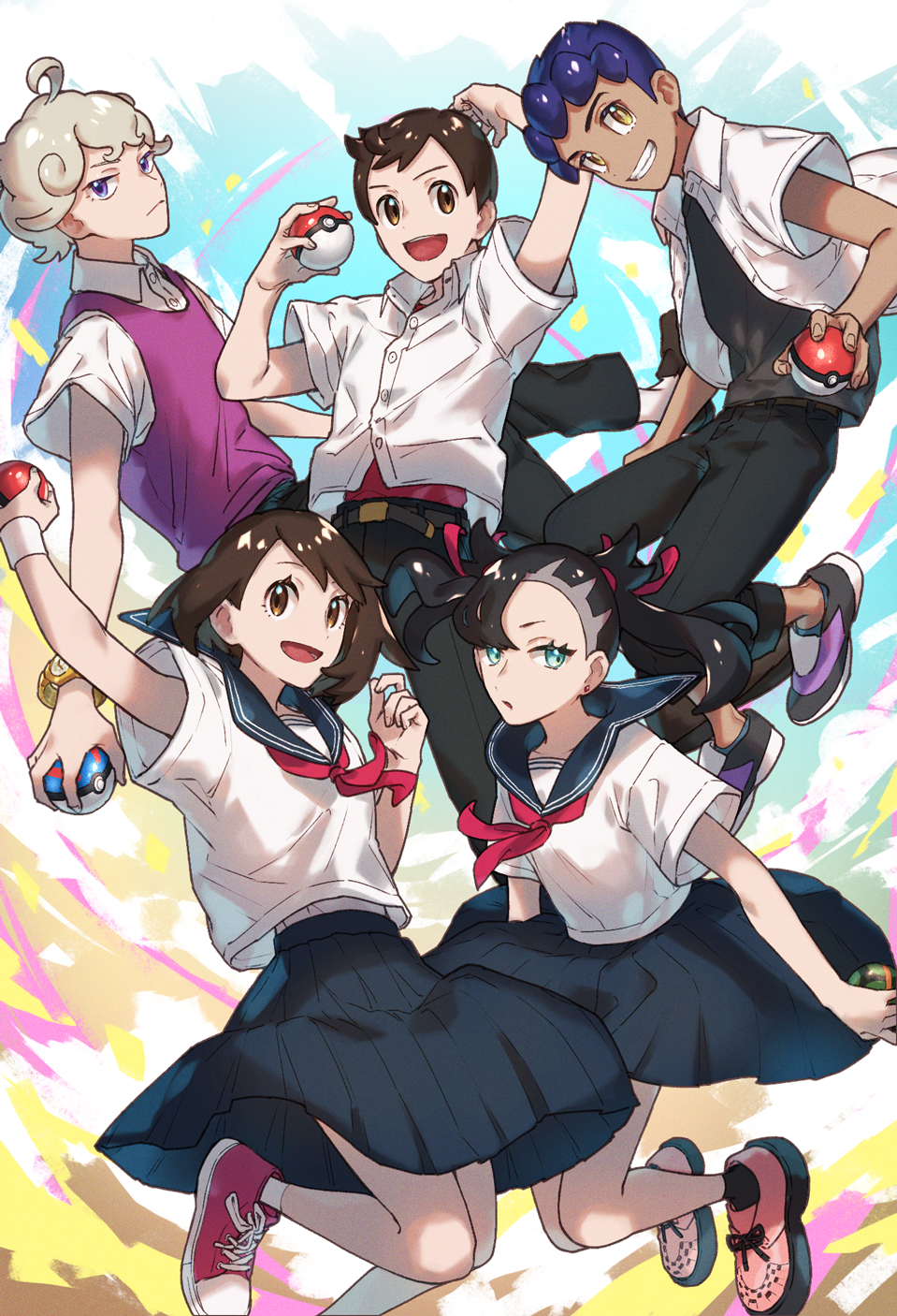 2girls 3boys :d ahoge alternate_costume arm_up asymmetrical_bangs bede_(pokemon) black_hair black_pants black_skirt blonde_hair bob_cut brown_eyes brown_hair buttons commentary_request curly_hair dark-skinned_male dark_skin earrings gloria_(pokemon) great_ball green_eyes grin hair_ribbon highres holding holding_poke_ball hop_(pokemon) jewelry marnie_(pokemon) multiple_boys multiple_girls nintendo open_mouth pants pink_shoes pleated_skirt poke_ball poke_ball_(basic) pokemon pokemon_swsh purple_vest red_ribbon ribbon sailor_collar school_uniform shirt shoes short_hair short_sleeves skirt smile suruga_dbh teeth vest victor_(pokemon) watch white_shirt wristband wristwatch yellow_eyes