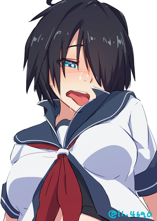1girl 4690_(tkpbsk) ahoge black_hair blue_sailor_collar hair_ornament hair_over_one_eye hairclip kako_(kancolle) kako_kai_ni_(kancolle) kantai_collection long_hair messy_hair neckerchief one-hour_drawing_challenge parted_bangs ponytail red_neckerchief sailor_collar school_uniform serafuku simple_background solo tongue tongue_out upper_body white_background