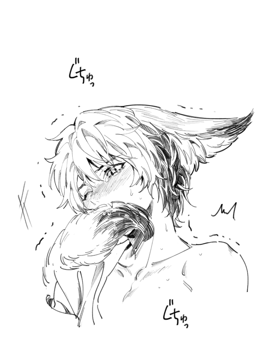 1boy animal_ears bare_shoulders biting biting_own_tail blush collarbone colored_bangs ears_down fang fox_boy fox_ears fox_tail greyscale head_tilt hikaru_no_go hun_(endlesslovehikaru) implied_sex kemonomimi_mode looking_away monochrome multicolored_hair nose_blush off_shoulder one_eye_closed portrait shindou_hikaru short_hair simple_background skin_fang solo tail tail_biting tears trembling two-tone_hair
