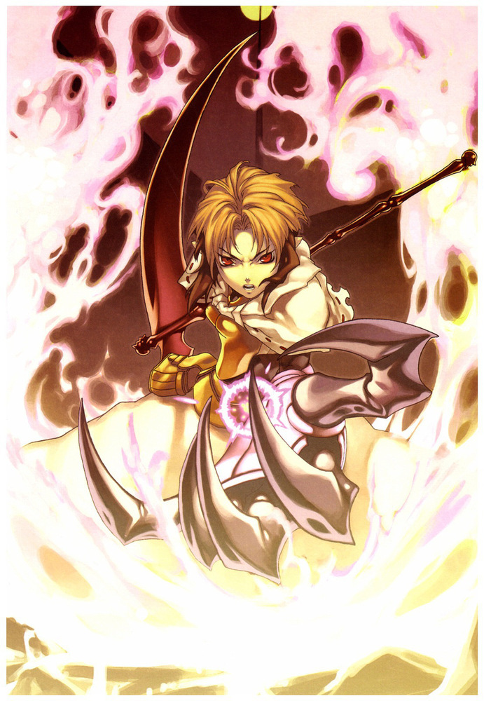 1girl angry armor armored_dress black_hair brown_hair dress female_focus fire gauntlets hiro_(spectral_force) holding_behind_back holding_polearm holding_polearm_behind_back holding_weapon holding_weapon_behind_back multicolored_hair official_art pointy_ears polearm red_eyes scythe short_hair solo spectral_(series) spectral_force two-tone_hair