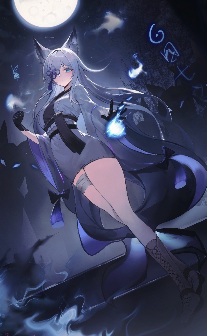 1girl animal_ears azur_lane bandaged_leg bandages bare_legs black_gloves blue_eyes blue_fire blue_kimono blush boots breasts clenched_hand commentary_request expressionless fire fox_ears from_below full_body full_moon gloves glowing glowing_eyes hair_over_one_eye hand_up japanese_clothes kasumi_(azur_lane) kasumi_(meta)_(azur_lane) kimono komuer lace-up_boots long_hair looking_at_viewer looking_down medium_breasts moon night night_sky parted_lips shadow sky solo standing star_(sky) starry_sky thighs very_long_hair white_hair