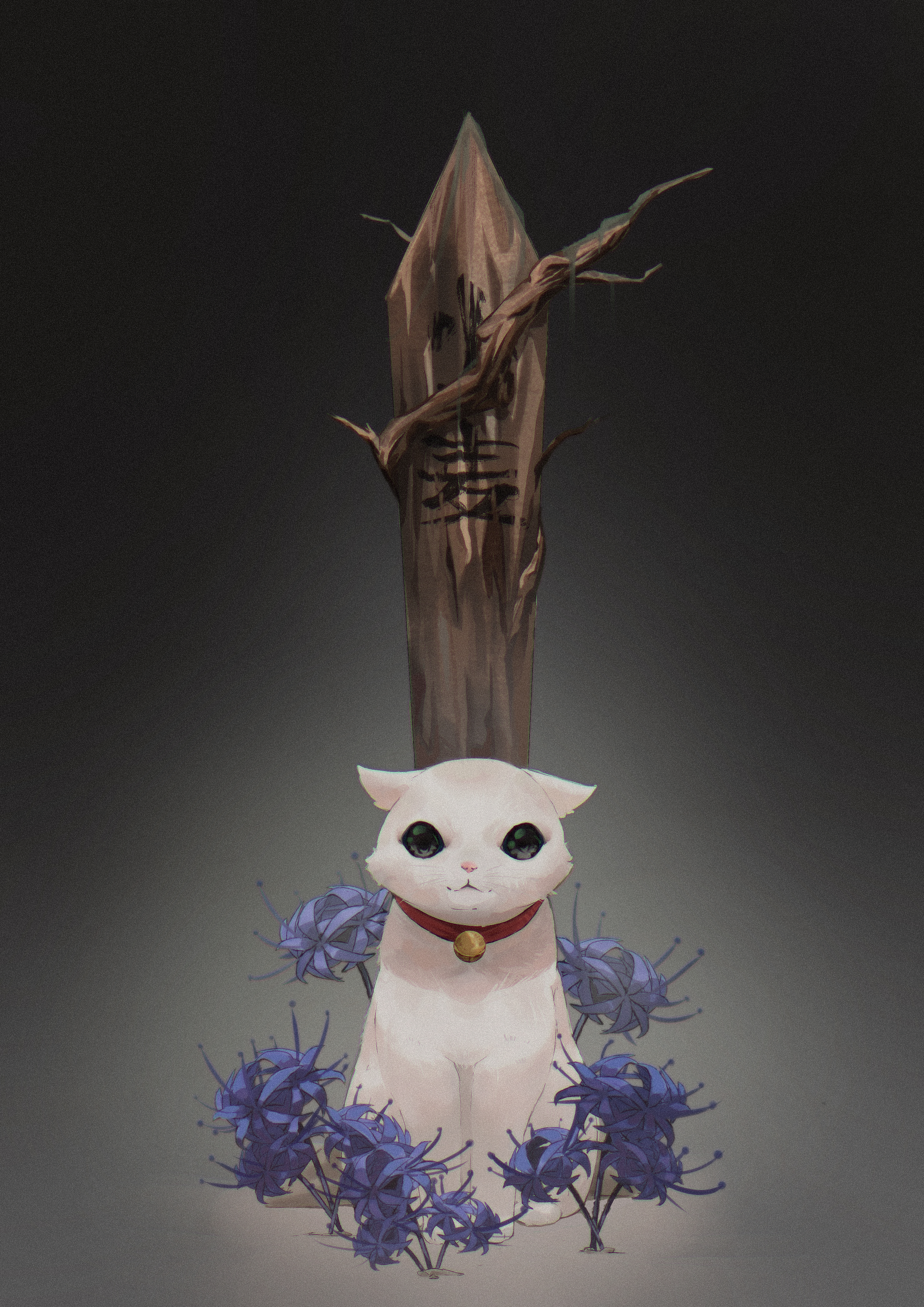 :3 absurdres animal_focus bell black_eyes blue_flower blue_spider_lily cat chinese_commentary collar commentary_request flower full_body gradient_background grave guang_an highres looking_at_viewer neck_bell red_collar sitting sotoba spider_lily white_cat yomawari_(series) yomawari_san