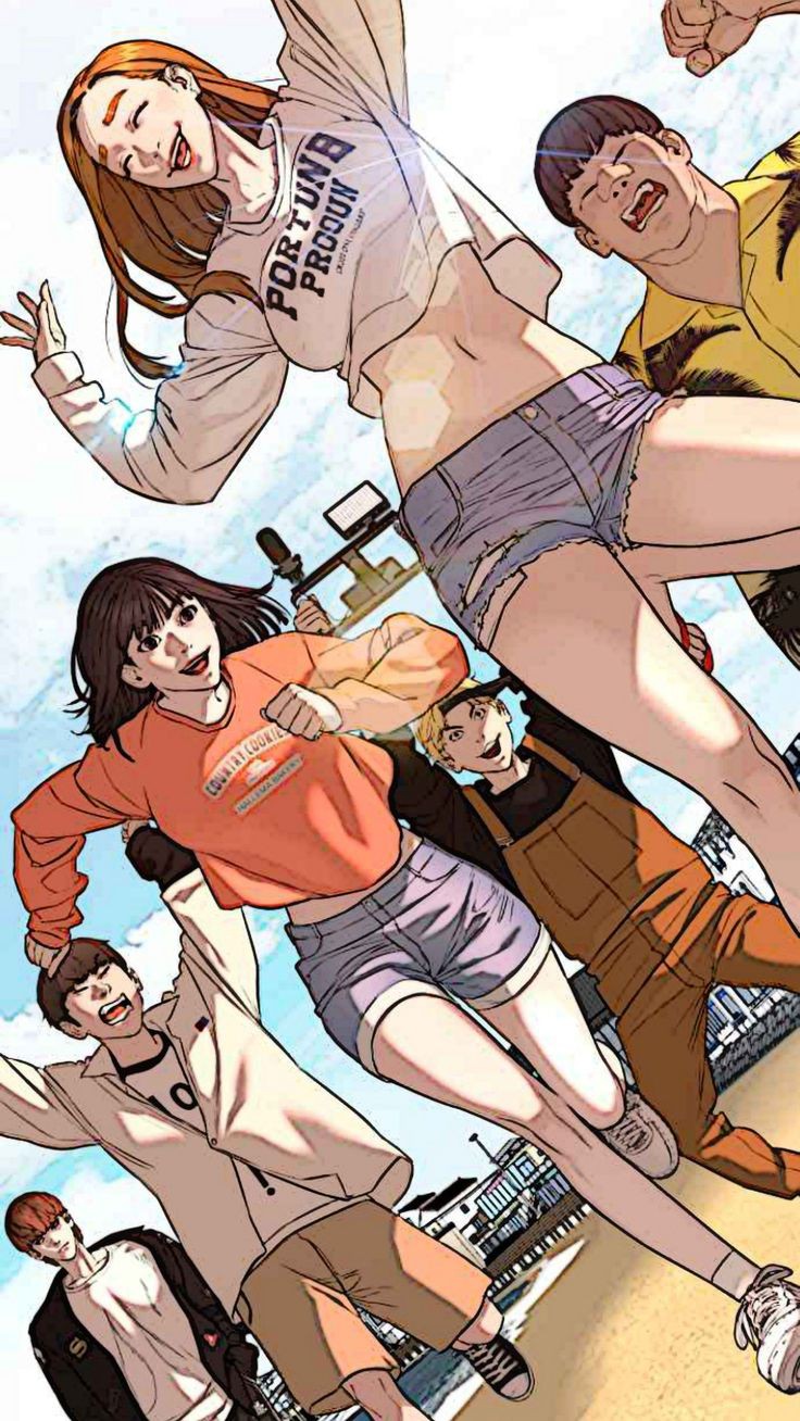 2girls 4boys beach beige_shorts black_hair black_jacket black_pants black_shirt blonde_hair blue_shorts blush brown_hair closed_eyes closed_mouth gaeul_(viral_hit) hands_up highres jacket long_hair long_sleeves looking_at_another looking_to_the_side multiple_boys multiple_girls open_mouth orange_shirt pants sand seong_taehoon serious shirt short_hair shorts sky smile very_long_hair viral_hit watermark white_shirt woo_jihyeok yellow_shirt yeo_rumi yoo_hobin