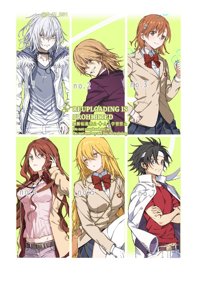 3boys 3girls accelerator_(toaru_majutsu_no_index) adjusting_hair albino bag black_choker black_hair blazer blonde_hair bow bowtie breasts brown_eyes brown_hair brown_jacket building choker coin collared_shirt commentary crossed_arms diagonal-striped_shirt electricity electrokinesis english_commentary english_text frown fur-trimmed_jacket fur_trim gloves grin hachimaki hair_between_eyes hair_ornament hairpin handbag headband holding holding_coin jacket jacket_on_shoulders kakine_teitoku level_5_(toaru) loafers long_hair long_sleeves looking_at_viewer medium_breasts medium_hair midriff milestone_celebration miniskirt misaka_mikoto mugino_shizuri multiple_boys multiple_girls no_print open_clothes open_jacket pants plaid_clothes plaid_skirt red_bow red_bowtie red_eyes red_shirt s_m_831 school_emblem school_uniform shirt shoes shokuhou_misaki short_hair skirt smile socks sogiita_gunha sparkling_eyes sweater thighhighs toaru_kagaku_no_railgun toaru_majutsu_no_index tokiwadai_school_uniform twitter_username very_long_hair wavy_hair white_gloves white_hair white_headband white_jacket white_pants white_sweater white_thighhighs winter_uniform yellow_eyes