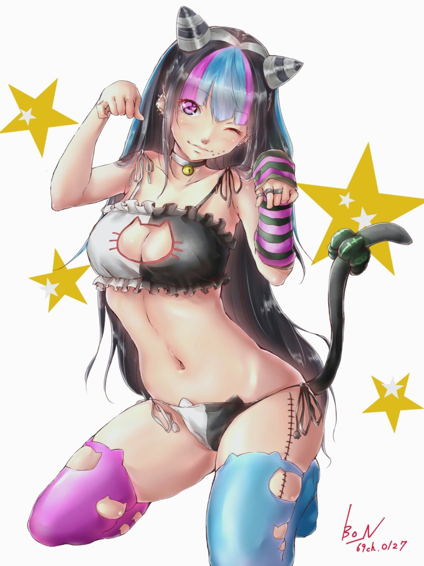 1girl asymmetrical_footwear bell black_gloves black_hair black_panties blue_footwear blue_hair blue_thighhighs bow bow_panties breasts cat_lingerie cleavage closed_mouth collar collar_bell collarbone danganronpa_(series) danganronpa_2:_goodbye_despair ear_piercing face_piercing female_focus fingerless_gloves gloves hair_horns hands_up jewelry kneeling large_breasts leg_tattoo lip_piercing long_hair meme_attire mioda_69ch mioda_ibuki mismatched_footwear mismatched_thighhighs multicolored_gloves multicolored_hair multicolored_panties multicolored_underwear navel neck_bell one_eye_closed one_glove panties piercing pink_footwear pink_hair pink_thighhighs purple_gloves ring signature simple_background smile solo star_(symbol) stomach striped_clothes striped_gloves tattoo thighhighs torn_clothes torn_legwear torn_thighhighs underwear white_background white_hair white_panties wink
