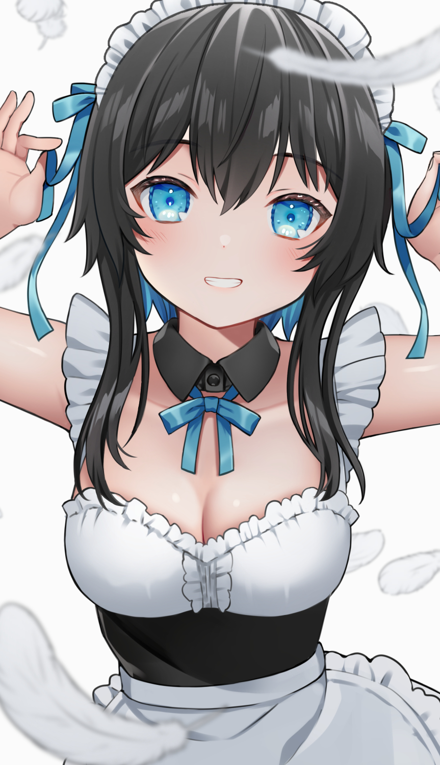 1girl apron arms_up black_collar black_dress black_hair blue_bow blue_eyes blue_hair bow breasts cleavage collar collarbone commentary_request detached_collar dress feathers frilled_apron frills grin hair_between_eyes hair_bow highres indie_virtual_youtuber kurata_rine kurata_rine_(vtuber) looking_at_viewer maid maid_headdress medium_breasts multicolored_hair simple_background smile solo two-tone_hair virtual_youtuber waist_apron white_apron white_background white_feathers wing_collar