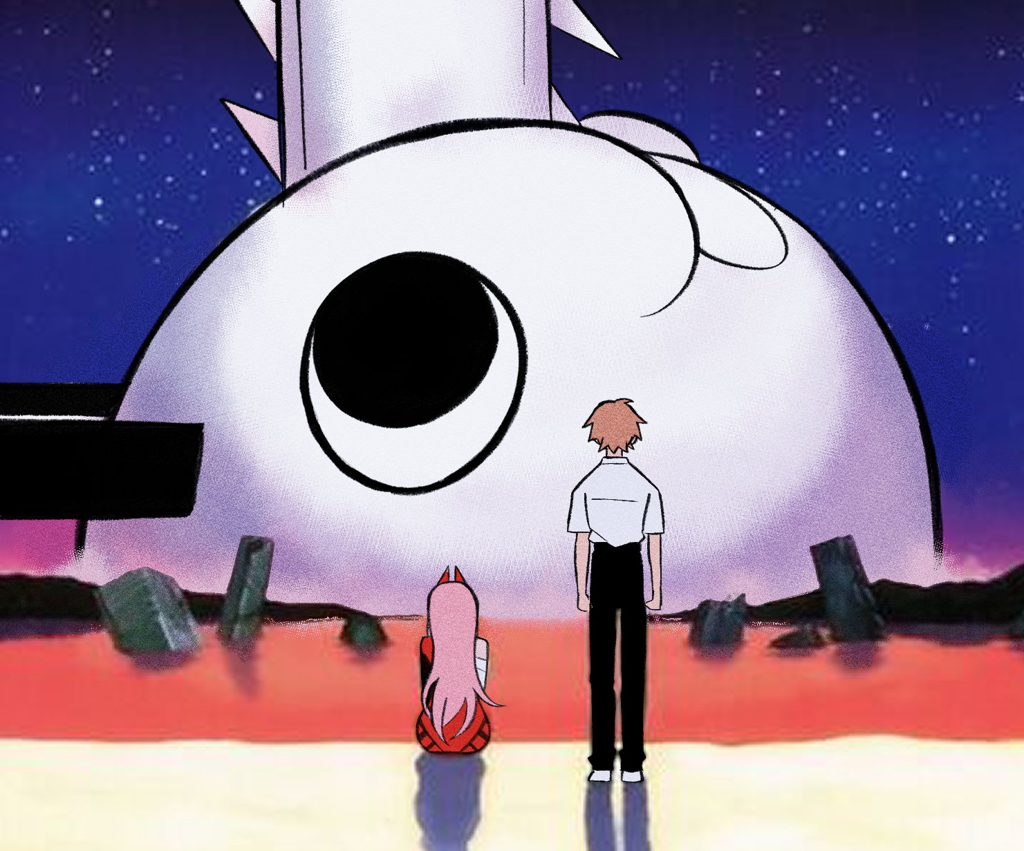 1boy 1girl bandaged_arm bandages black_pants blonde_hair bodysuit chainsaw chainsaw_man claireiosity collared_shirt commentary cosplay denji_(chainsaw_man) english_commentary highres horns ikari_shinji_(cosplay) long_hair mecha_pilot_suit meme meme_attire neon_genesis_evangelion night night_sky pants parody pink_hair plugsuit_(evangelion) power_(chainsaw_man) red_bodysuit red_horns scene_reference shirt shirt_tucked_in short_hair sky souryuu_asuka_langley_(cosplay) standing the_end_of_evangelion white_footwear white_shirt