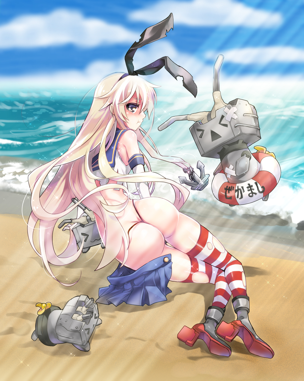 &gt;_&lt; 10s 1girl :&lt; :t anchor anchor_hair_ornament ass back bare_shoulders beach black_panties blonde_hair blush broken butt_crack buttons closed_eyes crop_top elbow_gloves gloves grey_eyes hair_ornament hairband highleg highleg_panties highres himerinco kantai_collection lifebuoy light_rays long_hair looking_at_viewer looking_back lying miniskirt ocean on_stomach open_mouth panties rensouhou-chan sailor_collar sand school_uniform serafuku shimakaze_(kancolle) ship_turret shirt sitting skirt sleeveless sparkle striped_clothes striped_thighhighs sunlight swim_ring thighhighs third-party_edit torn_clothes torn_legwear torn_panties torn_shirt triangle_mouth underwear unworn_skirt wavy_mouth white_gloves