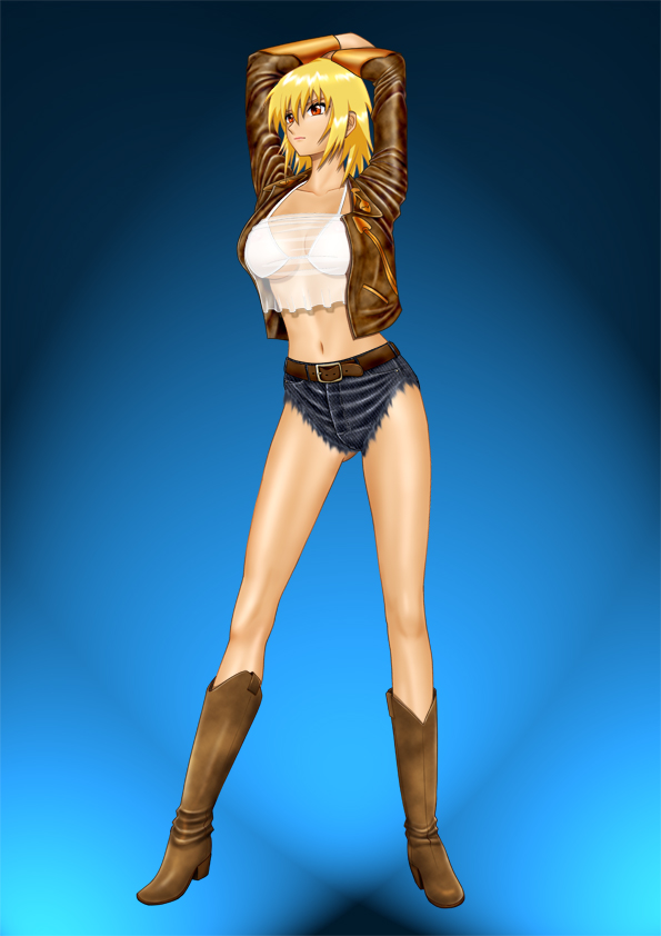 1girl arms_up belt blonde_hair blue_background boots bra breasts cagalli_yula_athha cleavage collarbone commentary_request denim denim_shorts full_body gundam gundam_seed gundam_seed_freedom jacket long_sleeves navel red_eyes short_hair shorts underwear yuusuke_(ziyasu)
