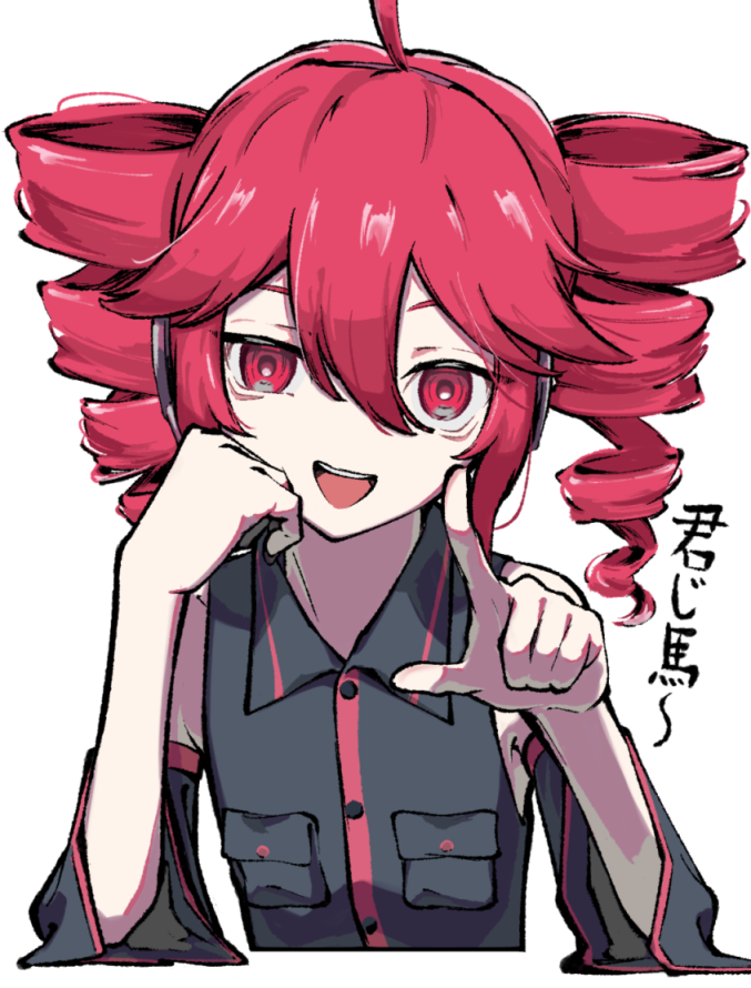 1girl detached_sleeves drill_hair grey_shirt hair_between_eyes head_rest index_finger_raised kasane_teto kasane_teto_(utau) looking_at_viewer open_mouth red_eyes red_hair shirt simple_background sleeveless sleeveless_shirt solo teckinder twin_drills upper_body utau white_background