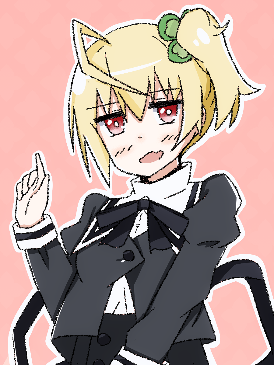 1girl ahoge andou_tazusa assault_lily black_ribbon black_skirt blonde_hair blush borrowed_hairstyle bright_pupils clover_hair_ornament commentary_request cropped_jacket four-leaf_clover_hair_ornament hair_between_eyes hair_ornament hand_up high-waist_skirt highres index_finger_raised juliet_sleeves long_sleeves looking_at_viewer neck_ribbon one_eye_closed open_mouth outline pink_background puffy_sleeves red_eyes ribbon school_uniform shirt short_hair simple_background skirt solo upper_body wavy_mouth white_outline white_pupils white_shirt yurigaoka_girls_academy_school_uniform yuzuki_suzuha