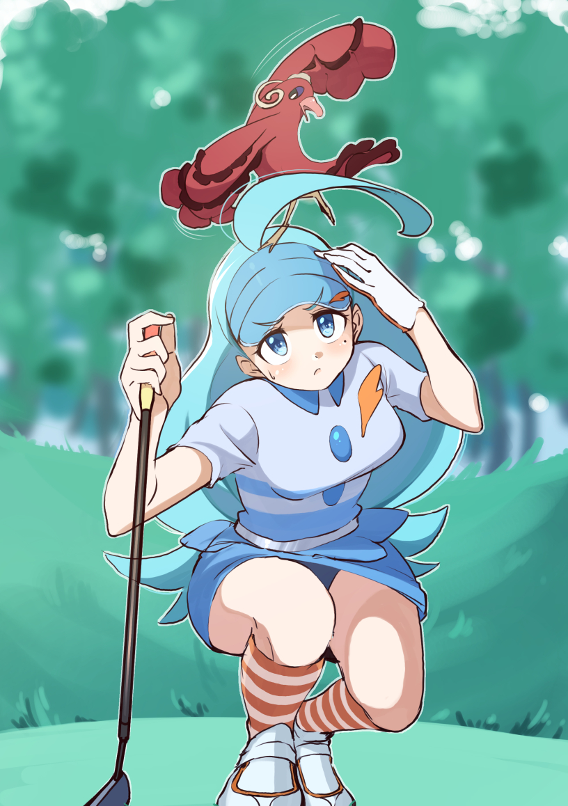 1girl ahoge animal animal_on_head bird bird_on_head blue_eyes blue_hair blue_headwear breasts collared_shirt commentary_request day drdr_ao_midoro gen_7_pokemon gloves golf_club grass holding holding_golf_club kahili_(pokemon) kneehighs light_blue_hair long_hair looking_up mole mole_under_eye nintendo on_head orange_socks oricorio oricorio_(baile) outdoors pokemon pokemon_(creature) pokemon_on_head pokemon_sm shirt shoes short_sleeves single_glove skirt socks squatting striped_clothes striped_shirt visor_cap