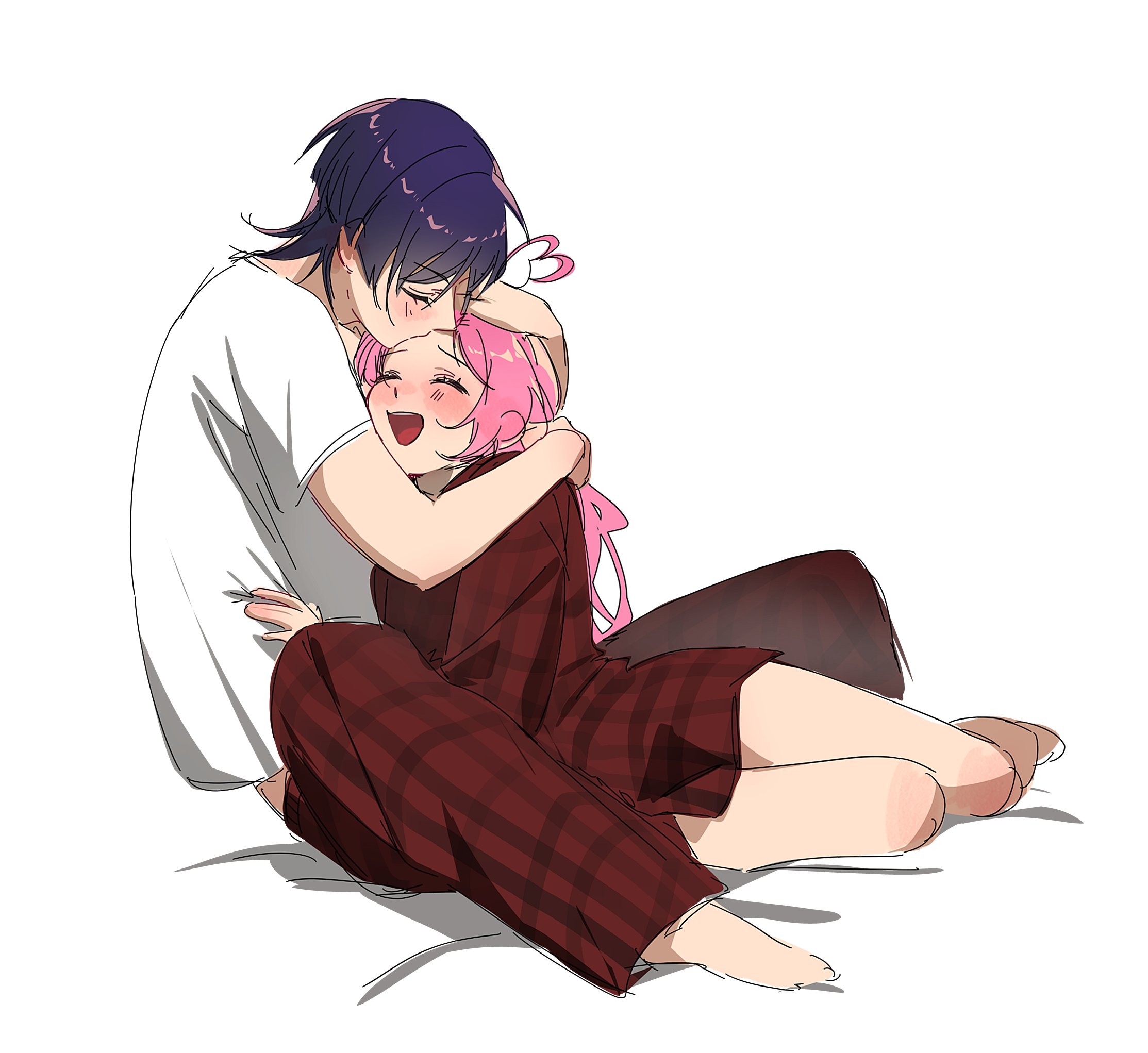 1boy 1girl ahoge bare_legs barefoot black_hair blunt_ends blush checkered_clothes checkered_pants checkered_shirt closed_eyes couple eyelashes facing_another genshin_impact hand_in_another's_hair hand_on_another's_head hand_on_another's_stomach heart heart_ahoge hetero highres hug kiss kissing_forehead leaning_on_person long_hair naked_shirt open_mouth original pants pink_hair scaramouche_(genshin_impact) shirt short_sleeves sitting sketch t-shirt teeth upper_teeth_only white_background white_shirt white_sleeves yokozuwari yoontrsh