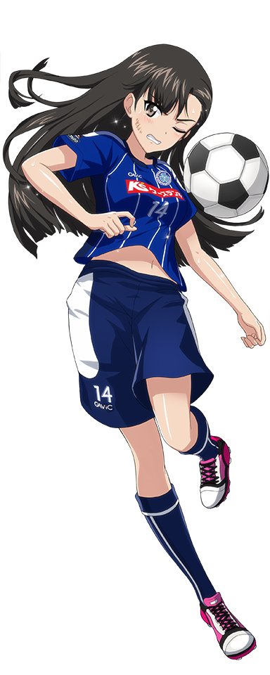 10s 1girl artist_request ball black_hair blue_shorts blue_socks blush brown_eyes cleats clenched_teeth clothes_writing emblem female_focus full_body girls_und_panzer j._league jersey kneehighs leg_up long_hair midriff_peek mito_hollyhock navel nishi_kinuyo one_eye_closed parted_lips pink_shoes shiny_skin shoes short_sleeves shorts simple_background soccer soccer_ball soccer_uniform socks solo source_request sportswear stomach teeth transparent_background white_background