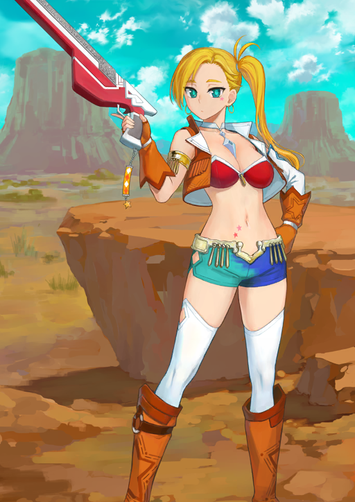 1girl asymmetrical_sleeves b_suke bangle blonde_hair blue_shorts blue_sky boots bra bracelet breasts brown_boots brown_gloves brown_vest calamity_jane_(fate) calamity_jane_(first_ascension)_(fate) cleavage closed_mouth cloud contrapposto cowgirl_(western) cropped_vest desert detached_sleeves earrings expressionless facial_mark fate/grand_order fate_(series) feet_out_of_frame fingerless_gloves fringe_trim game_cg gloves gold_earrings green_eyes green_shorts gun hair_tie hand_on_own_hip hand_up high_side_ponytail hip_vent holding holding_gun holding_weapon hoop_earrings jewelry lapels legs_apart long_hair looking_at_viewer medium_breasts narrow_waist navel official_art open_clothes open_vest red_bra short_shorts shorts silver_choker single_detached_sleeve sky solo standing star_(symbol) star_facial_mark star_tattoo stomach stomach_tattoo strapless strapless_bra tattoo thighhighs third-party_source trigger_discipline two-tone_shorts underwear variant_set vest weapon weapon_request white_sleeves white_thighhighs
