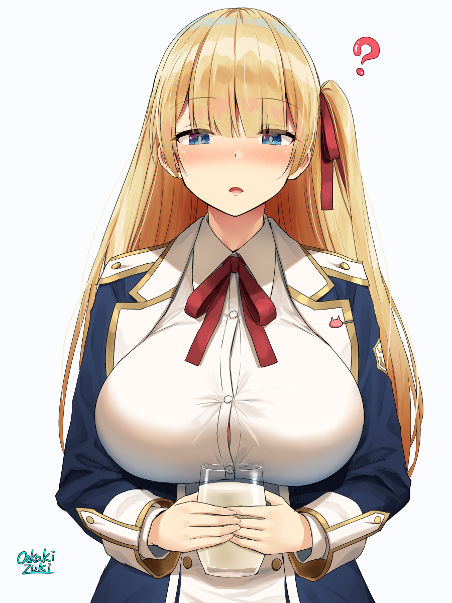 1girl ? azur_lane blonde_hair blouse blue_eyes blue_jacket blush breasts buttons collared_shirt cup double-breasted hair_ribbon highres holding holding_cup jacket large_breasts milk neck_ribbon oekakizuki open_mouth red_ribbon ribbon shirt suggestive_breast_milk suggestive_lactation sussex_(azur_lane) white_shirt
