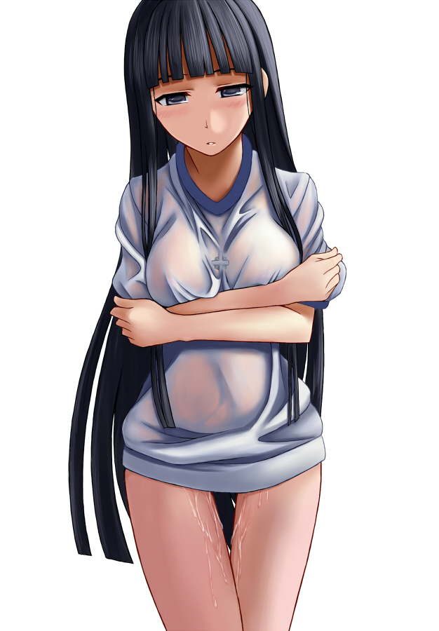1girl aebafuti black_hair blue_eyes blush cross female_focus himegami_aisa long_hair no_pants revision see-through_clothes shirt solo suggestive_fluid thigh_gap toaru_majutsu_no_index wet wet_clothes wet_shirt