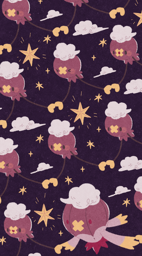 &gt;_&lt; black_eyes blush_stickers cloud drifblim drifloon evolutionary_line gen_4_pokemon nintendo no_humans open_mouth pokemon pokemon_(creature) purple_background red_eyes satsumapotato solid_oval_eyes sparkle star_(symbol)