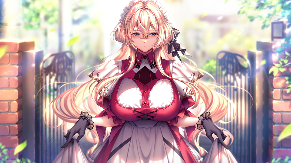 1girl amakano_3 aqua_eyes black_gloves blonde_hair breasts brick_wall closed_mouth curtsey day dress frilled_dress frills gate gloves hair_between_eyes huge_breasts light_particles light_rays long_hair looking_at_viewer maid maid_headdress multicolored_dress outdoors piromizu puffy_short_sleeves puffy_sleeves red_dress scarlet_ikaruga_wistaria short_sleeves skirt_hold solo wavy_hair white_dress